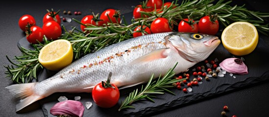 Wall Mural - Sea bass with rosemary lemon cherry pepper garlic and tomato on a stone plate against a black concrete backdrop