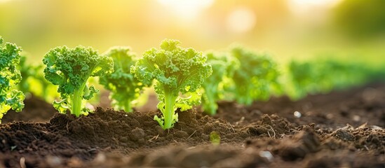 Poster - Picture of young kale plants in rich soil with empty area for text