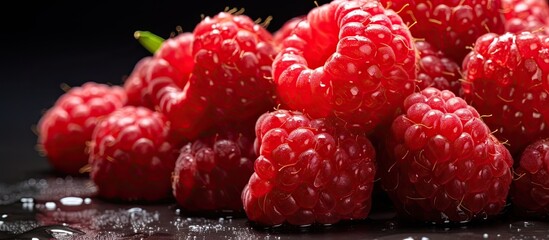 Fototapete - A close up of water drenched red raspberries on a dark background a healthy food option