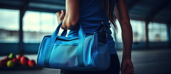 Wall Mural - Women carrying a blue bag prior to exercising