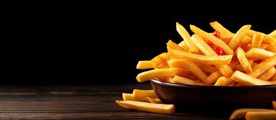 Poster - French fries seen from above on a black plate over a dark wooden background ideal for a banner with available space for text