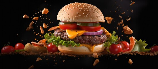 Poster - Burger with flying ingredients on black background