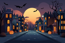 Halloween. City Street With Houses, Festive Pumpkins, Bats, Lanterns On Halloween Night. Festive Urban Landscape Against The Backdrop Of The Moon.