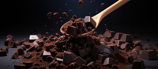 Fototapete - Shattered dark chocolate chunks and chocolate chip on spoon black backdrop Empty area