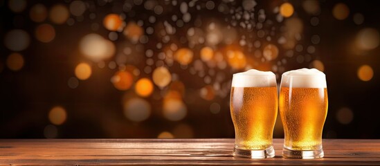 Aufkleber - Closeup of glasses filled with light foamy beer on a wooden table