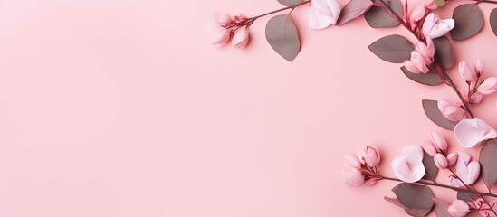 Poster - Arrangement of pink flowers and Eucalyptus leaves on a pastel pink backdrop from above