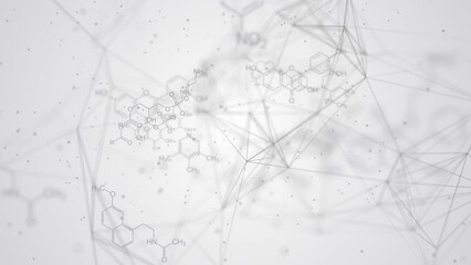 3d movement of chemical structural molecular formulas. Abstract blurred scientific educational looping white background.