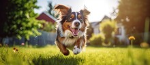 Australian Shepherd Dog Runs On Sunny Summer Day