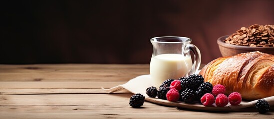 Aufkleber - Meal of bread soy milk croissants oatmeal and mulberries on a wooden table