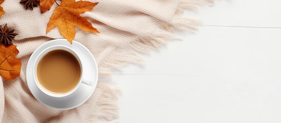 Aufkleber - Fall themed coffee cup mockup with cozy breakfast on knitted plaid
