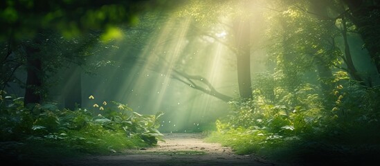 Aufkleber - Forest background with sun rays soft magical feeling summer or spring scenery