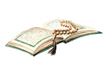 Wall Mural - Holy open Quran book with rosary, Design element for Ramadan or other religious Islamic holidays . Hand drawn watercolor illustration isolated on white background