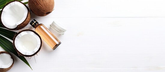Aufkleber - Coconut oil beauty products for skin and hair Oil cream coconut halves on shelf White background top view Copy space