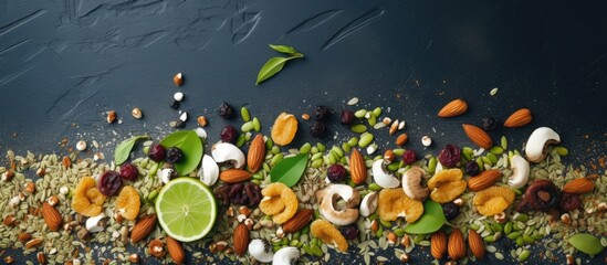 Poster - Top view of a healthy homemade granola on a baking sheet made with green buckwheat coconut flakes oatmeal nuts and natural syrup