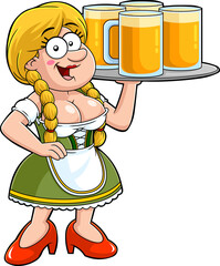 Woman Waitress Cartoon Character In Traditional Bavarian Clothes Holding Tray Beer Glasses. Vector Hand Drawn Illustration Isolated On Transparent Background