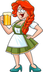 Oktoberfest Girl Cartoon Character In Traditional Bavarian Clothes Holding A Beer Glass. Vector Hand Drawn Illustration Isolated On Transparent Background