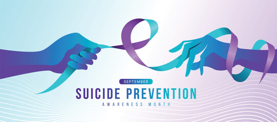 Wall Mural - September Suicide prevention awareness month - Teal purple two hands connected by a ribbon awareness sign vector design