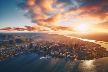 Canvas Print - Aerial view of Downtown San Francisco at sunset, California, USA. Aerial panoramic view of Cape Town cityscape at sunset, AI Generated