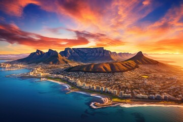 Canvas Print - Aerial view of Table Mountain and Cape Town, South Africa. Aerial panoramic view of Cape Town cityscape at sunset, AI Generated