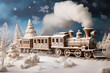 A meticulously crafted gingerbread train journeys through a landscape dusted with powdered sugar, mimicking a winter wonderland