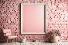 White Mockup Poster Frame, Vintage Bricked Wall, Old 8th Century Theme, Aesthetic Pink Background. AI Generated.