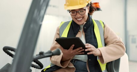 Poster - Tablet, engineering and forklift with woman in warehouse for communication, social media and networking. Architecture, industrial and digital with person in factory for manufacturing and storage