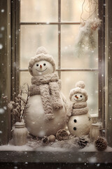 Poster - a pair of snowman standing near a windowsill, Generative AI technology.