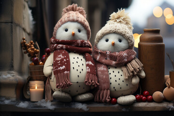 Poster - a pair of snowman standing near a windowsill, Generative AI technology.