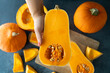 Woman holding sliced butternut squash. Cutting pumpkin into slices. Fresh raw pumpkins pieces cut in half. Preparing food ingredients for a seasonal autumn fall dish, soup or pie.