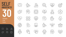 Self Awareness Line Editable Icons Set. Vector Illustration In Modern Thin Line Style Of Self Estimate Related Icons: Self-care, Self-love, Self-acceptance, And Personal Growth. Isolated On White