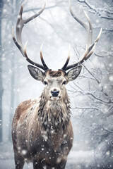 Poster - a deer is caught in the snow and the rest of the scenery, Generative AI technology.