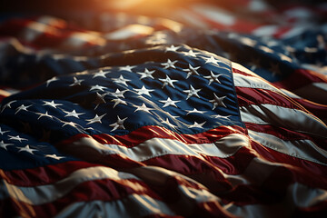Poster - Rows of American flags waving in the wind to honor veterans.  Generative AI technology.