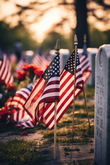 Poster - Rows of gravestones at a veterans cemetery adorned with flags and flowers. Generative AI technology.