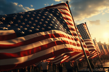 Poster - Rows of American flags waving in the wind to honor veterans.  Generative AI technology.