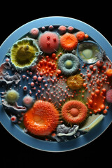 Poster - a multicolored plate of bacteria on top of an empty plate, Generative AI technology.