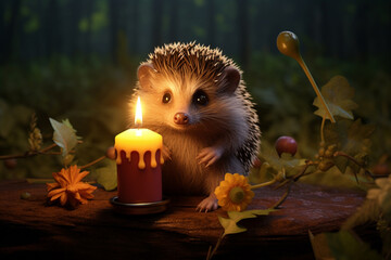 Poster - a hedgehog holding a candle in a sweater,   Generative AI technology.