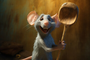 Poster - a drawing of a small mouse with a spoon on its hands,  Generative AI technology.