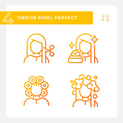 Sticker - Collection of pixel perfect gradient icons set representing haircare, thin line orange illustration.