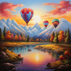 Poster - white mountains and rivers landscape balloons pastel Generative AI technology.