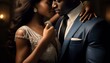 © Maureen - Passionate african couple in love in elegant evening dresses, woman with wedding ring on his finger.