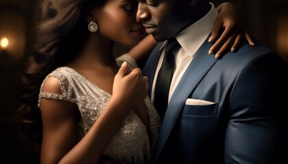 Passionate african couple in love in elegant evening dresses, woman with wedding ring on his finger.