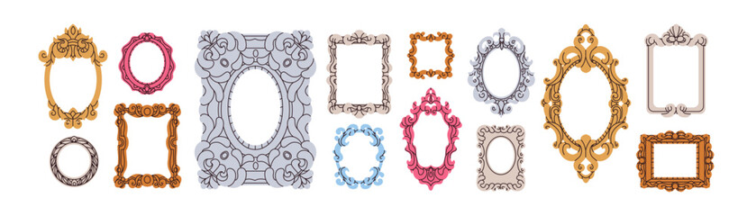 Empty picture frames in vintage victorian style. Antique classic carved frameworks set. Ornament borders, retro decorations for painting, photo. Flat vector illustration isolated on white background