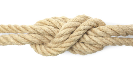 Wall Mural - Hemp rope with knot isolated on white, top view