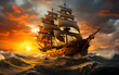 A barque ship floats in the middle of the sea in the waves of the setting sun.