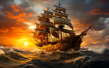 a barque ship floats in the middle of the sea in the waves of the setting sun.