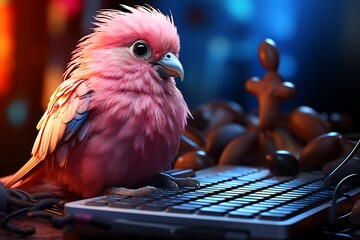 Poster - Pink bird sitting on top of laptop computer keyboard.