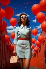 Sticker - Woman in dress and sunglasses standing on bridge with balloons.