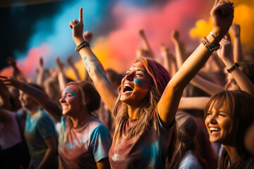 Wall Mural - Woman with her arms up and painted in colors is smiling.