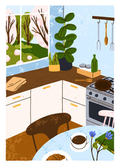 Wall Mural - Home kitchen interior card. Cozy dining room with spring in window, breakfast, coffee on table, utensils, plants, comfortable furniture in trendy Scandinavian style. Flat vector illustration