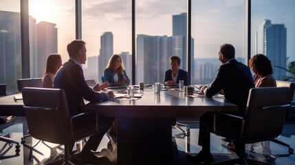 Poster - teamwork. a group of businessmen at a round table in a modern office solves their urgent business. Generative Ai